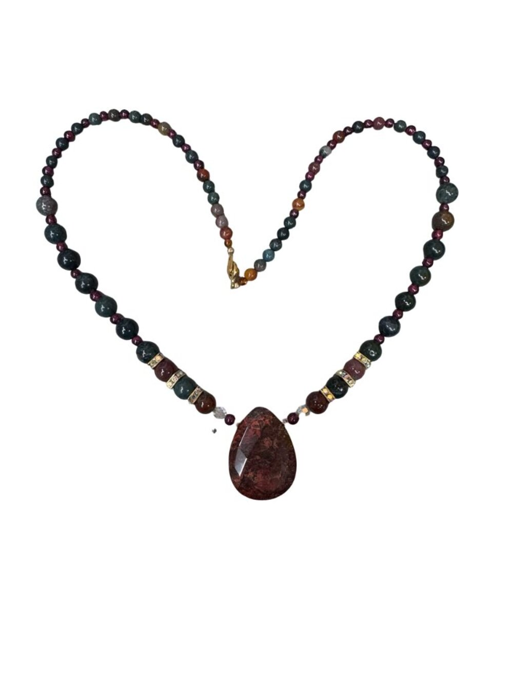 Vintage Jasper Adventurine Garnet Beaded Necklace Teardrop Pendant Statement 25" - Picture 9 of 10